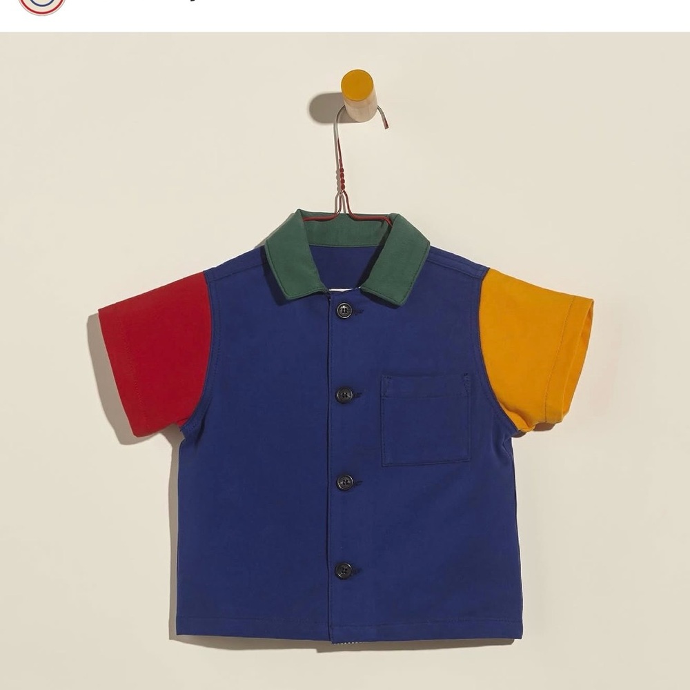 We A Family Colorblock Short-Sleeve Button Front Kids Shirt - Blue, Red & Yellow